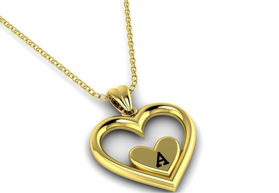 Solid Gold Heart Shaped Initial Pendant with Black Enamel Lettering w/ Gold Bail & Cable Link Chain