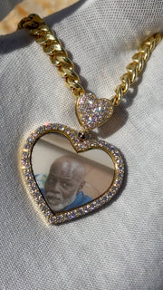 10k 14k Diamond Trimmed Solid Gold Heart Shaped Picture Pendant and Chain Set - Heart Shaped Picture Pendant - 10k and 14k Gold Memory Pendant - Heart Shaped Picture Pendant w/ Heart Bail