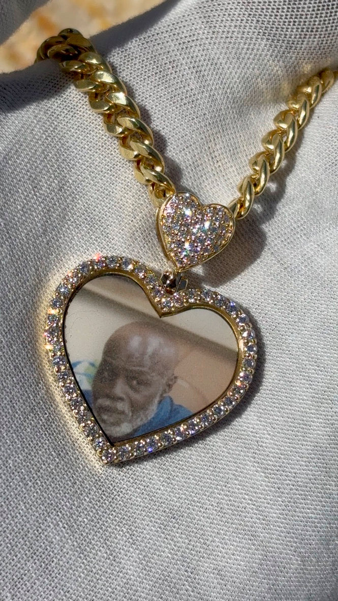 10k 14k Diamond Trimmed Solid Gold Heart Shaped Picture Pendant and Chain Set - Heart Shaped Picture Pendant - 10k and 14k Gold Memory Pendant - Heart Shaped Picture Pendant w/ Heart Bail