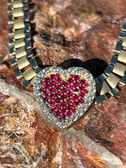 Solid Gold Sliding Heart Pendant w/ White Diamond & Pink Sapphire - Slide on Heart  w/ White Diamond Trimmed Edges and Colored Gemstone Center - Slide On Heart with Rolex Style Link Chain