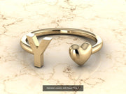 10k Yellow Gold Inital Ring Band With Solid Gold Heart - Gold Heart Ring
