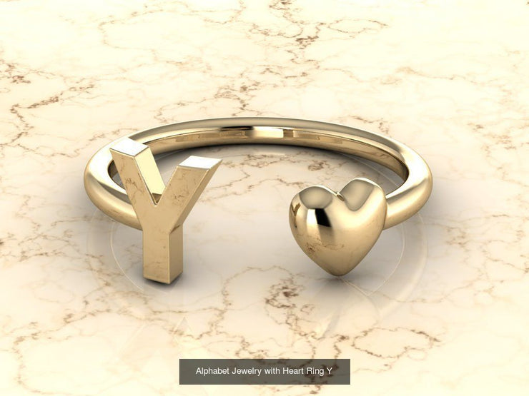 10k Yellow Gold Inital Ring Band With Solid Gold Heart - Gold Heart Ring