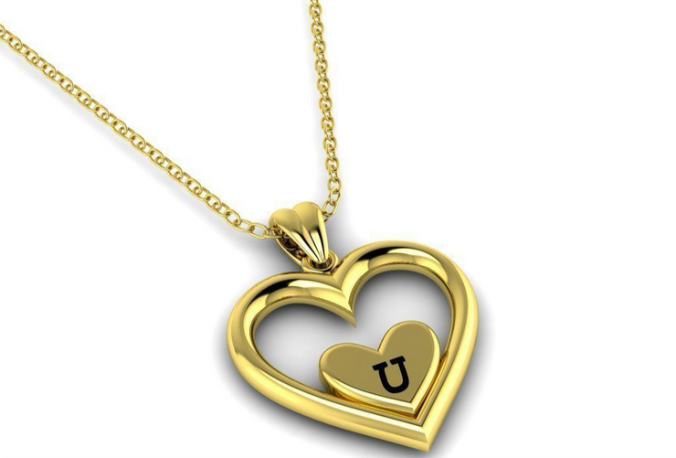 Solid Gold Heart Shaped Initial Pendant with Black Enamel Lettering w/ Gold Bail & Cable Link Chain