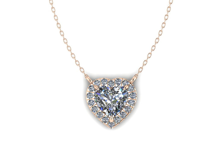 14k Heart Shaped Diamond Center Necklace - Heart Halo w/ Center Heart