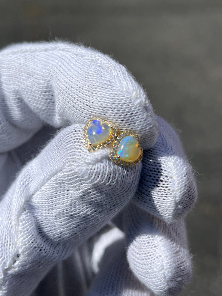 Heart Shaped Opal Stud Earrings w/ Diamond Trimmed Edges - Diamond Trimmed Opals