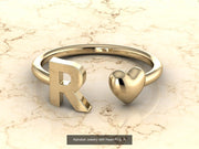 10k Yellow Gold Inital Ring Band With Solid Gold Heart - Gold Heart Ring