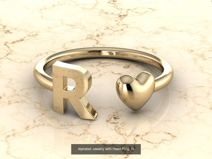 10k Yellow Gold Inital Ring Band With Solid Gold Heart - Gold Heart Ring