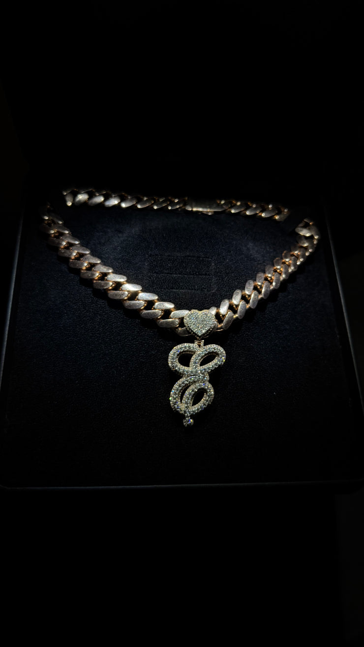 Solid Rose Gold Diamond Initial Pendant w/ White Gold Top Layer -Two Layer Two Tone Solid Gold Diamond Initial Pendants - Diamond Initial Pendant w/ Miami Cuban Link Chain