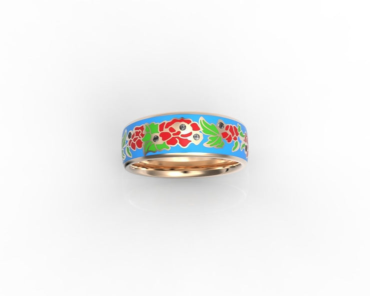 10k 14k 18k Solid Gold Ring with Colored Enamel Flower Pattern