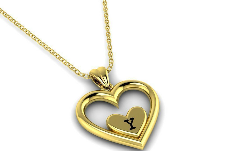 Solid Gold Heart Shaped Initial Pendant with Black Enamel Lettering w/ Gold Bail & Cable Link Chain