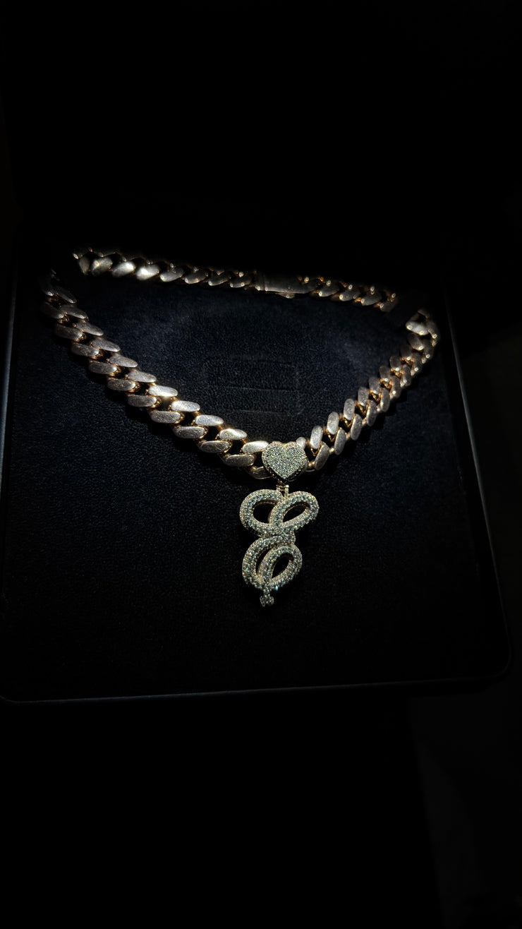 Solid Rose Gold Diamond Initial Pendant w/ White Gold Top Layer -Two Layer Two Tone Solid Gold Diamond Initial Pendants - Diamond Initial Pendant w/ Miami Cuban Link Chain