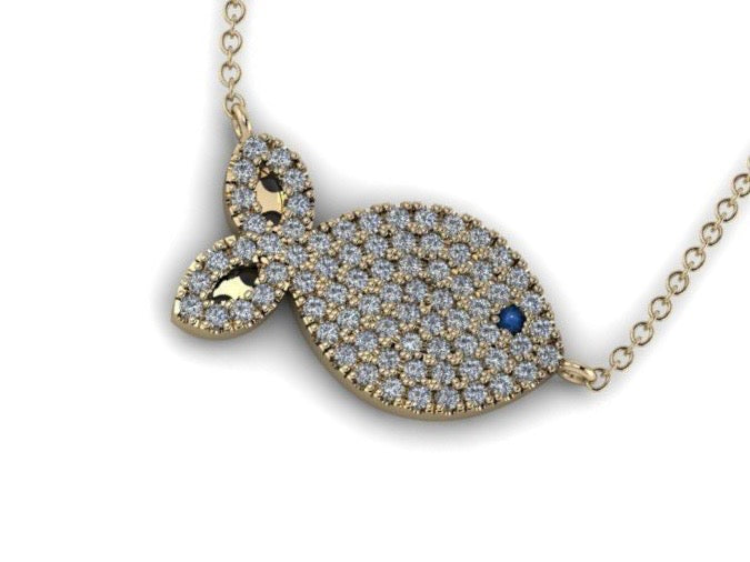 Diamond Gold Fish Charm w/ Cable Link Chain- Fish Pavé Mini Pendant