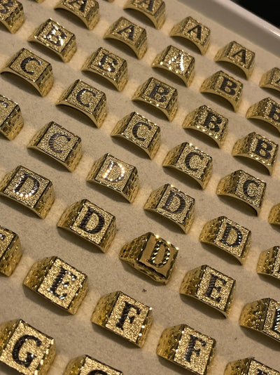 Diamond Cut 10k Yellow Gold Initial Rings - Diamond Cut Gold Rings - Diamond Cut Initial Ring - Square Initial Ring - Men’s Initial Ring