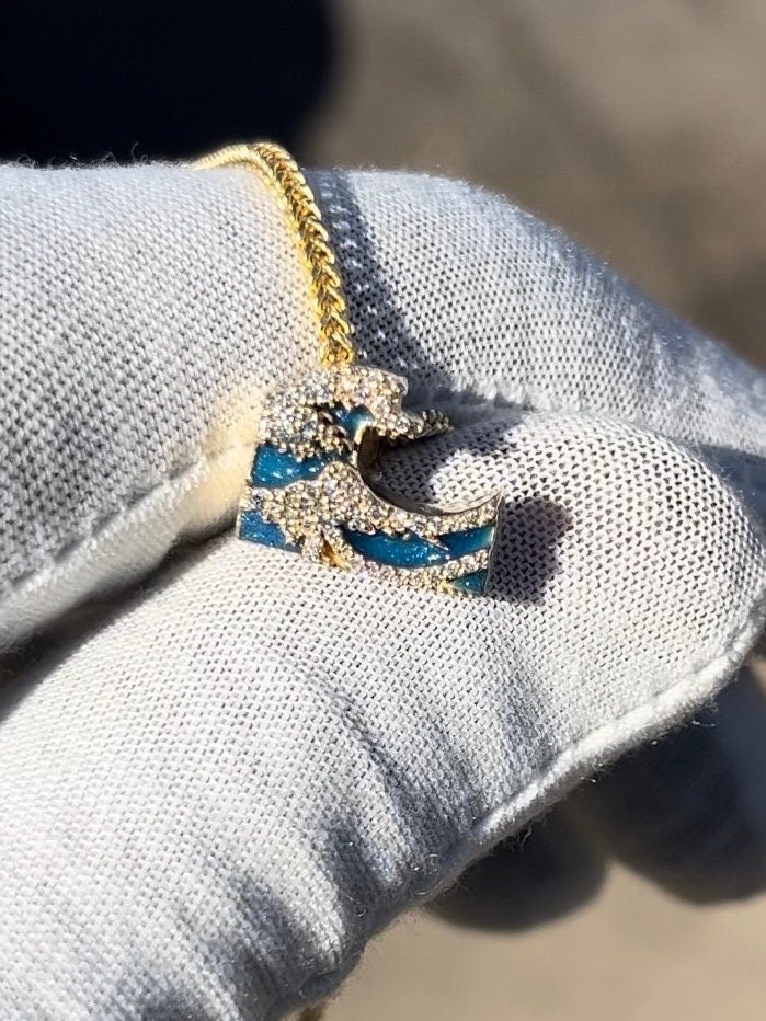 10k 14k 18k Ocean Wave Pendant w/ Palm Chain - Solid Gold w/ Diamonds and Glowing Ocean Blue Colored Enamel - Gold Tsunami Pendant - Enamel Wave