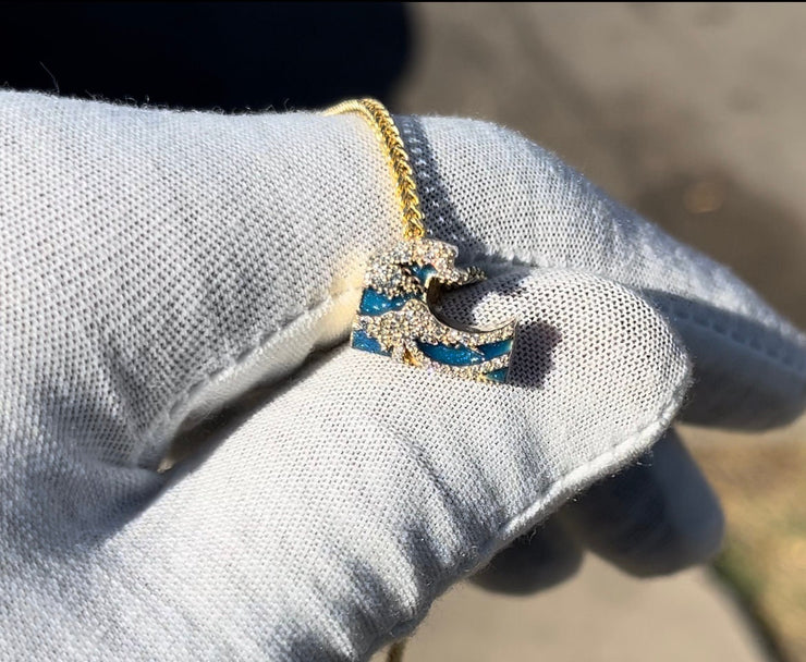 10k 14k 18k Ocean Wave Pendant w/ Palm Chain - Solid Gold w/ Diamonds and Glowing Ocean Blue Colored Enamel - Gold Tsunami Pendant - Enamel Wave