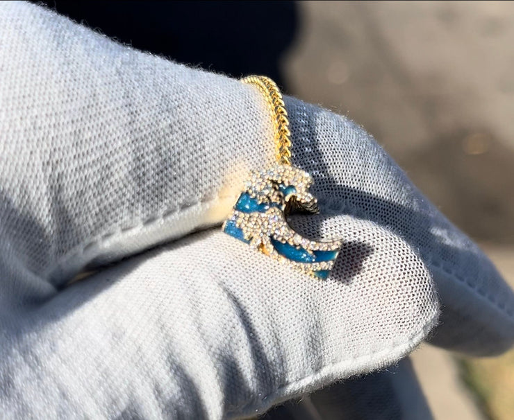 10k 14k 18k Ocean Wave Pendant w/ Palm Chain - Solid Gold w/ Diamonds and Glowing Ocean Blue Colored Enamel - Gold Tsunami Pendant - Enamel Wave