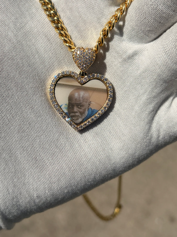 10k 14k Diamond Trimmed Solid Gold Heart Shaped Picture Pendant and Chain Set - Heart Shaped Picture Pendant - 10k and 14k Gold Memory Pendant - Heart Shaped Picture Pendant w/ Heart Bail