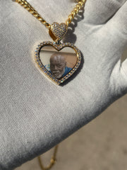 10k 14k Diamond Trimmed Solid Gold Heart Shaped Picture Pendant and Chain Set - Heart Shaped Picture Pendant - 10k and 14k Gold Memory Pendant - Heart Shaped Picture Pendant w/ Heart Bail