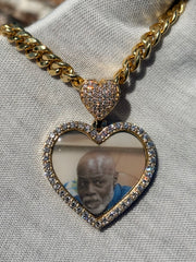 10k 14k Diamond Trimmed Solid Gold Heart Shaped Picture Pendant and Chain Set - Heart Shaped Picture Pendant - 10k and 14k Gold Memory Pendant - Heart Shaped Picture Pendant w/ Heart Bail