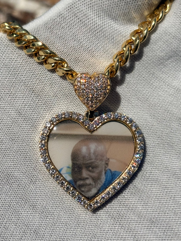 10k 14k Diamond Trimmed Solid Gold Heart Shaped Picture Pendant and Chain Set - Heart Shaped Picture Pendant - 10k and 14k Gold Memory Pendant - Heart Shaped Picture Pendant w/ Heart Bail