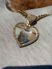 10k 14k Diamond Trimmed Solid Gold Heart Shaped Picture Pendant and Chain Set - Heart Shaped Picture Pendant - 10k and 14k Gold Memory Pendant - Heart Shaped Picture Pendant w/ Heart Bail