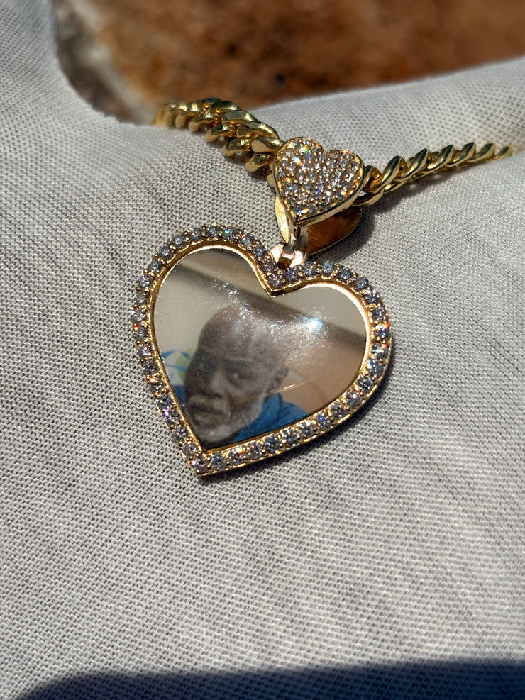 10k 14k Diamond Trimmed Solid Gold Heart Shaped Picture Pendant and Chain Set - Heart Shaped Picture Pendant - 10k and 14k Gold Memory Pendant - Heart Shaped Picture Pendant w/ Heart Bail