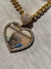 10k 14k Diamond Trimmed Solid Gold Heart Shaped Picture Pendant and Chain Set - Heart Shaped Picture Pendant - 10k and 14k Gold Memory Pendant - Heart Shaped Picture Pendant w/ Heart Bail