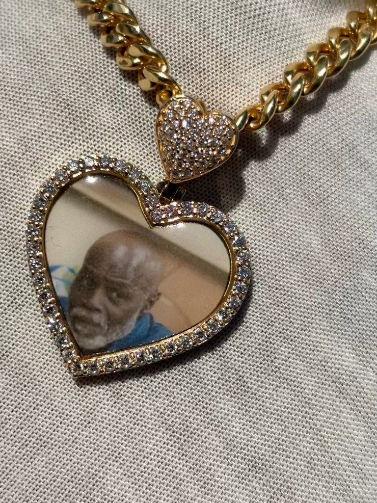 10k 14k Diamond Trimmed Solid Gold Heart Shaped Picture Pendant and Chain Set - Heart Shaped Picture Pendant - 10k and 14k Gold Memory Pendant - Heart Shaped Picture Pendant w/ Heart Bail