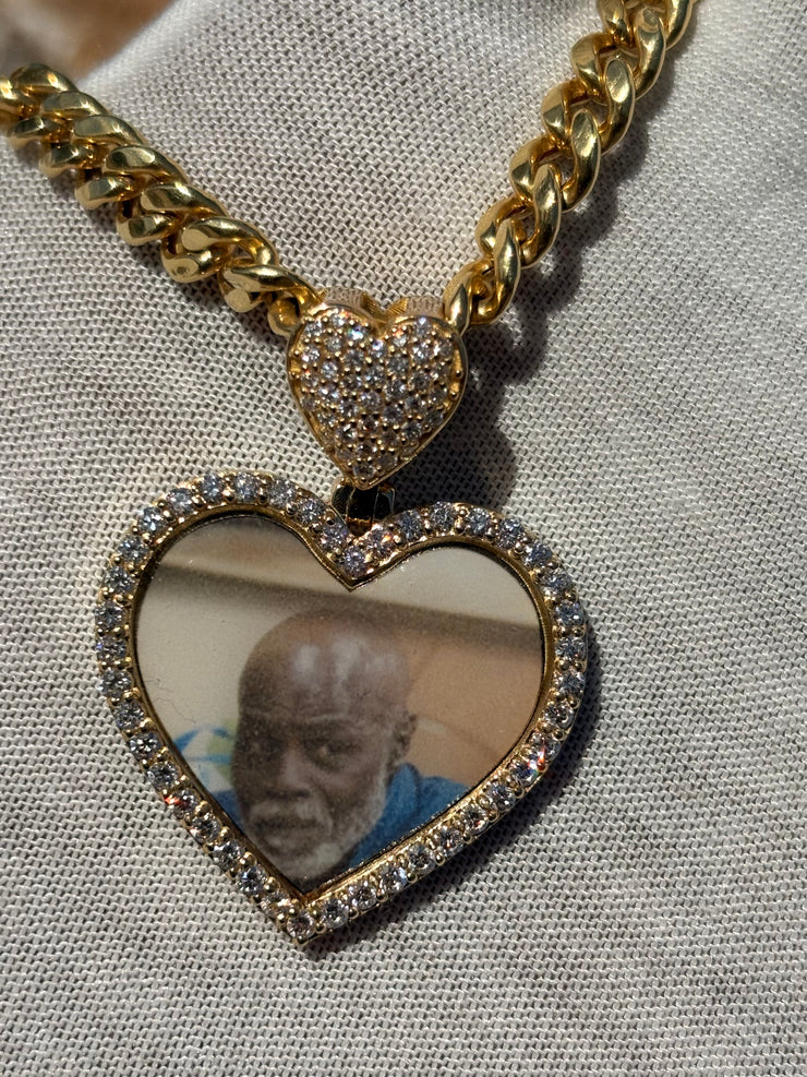 10k 14k Diamond Trimmed Solid Gold Heart Shaped Picture Pendant and Chain Set - Heart Shaped Picture Pendant - 10k and 14k Gold Memory Pendant - Heart Shaped Picture Pendant w/ Heart Bail