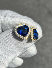 Heart Shaped Blue Sapphire  Stud Earrings w/ Diamond Trimmed Edges