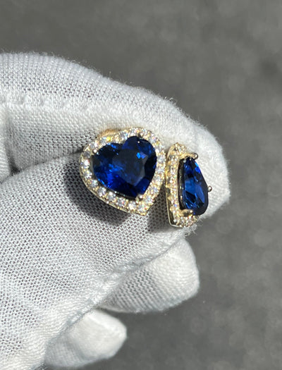 Heart Shaped Blue Sapphire  Stud Earrings w/ Diamond Trimmed Edges