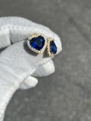 Heart Shaped Blue Sapphire  Stud Earrings w/ Diamond Trimmed Edges