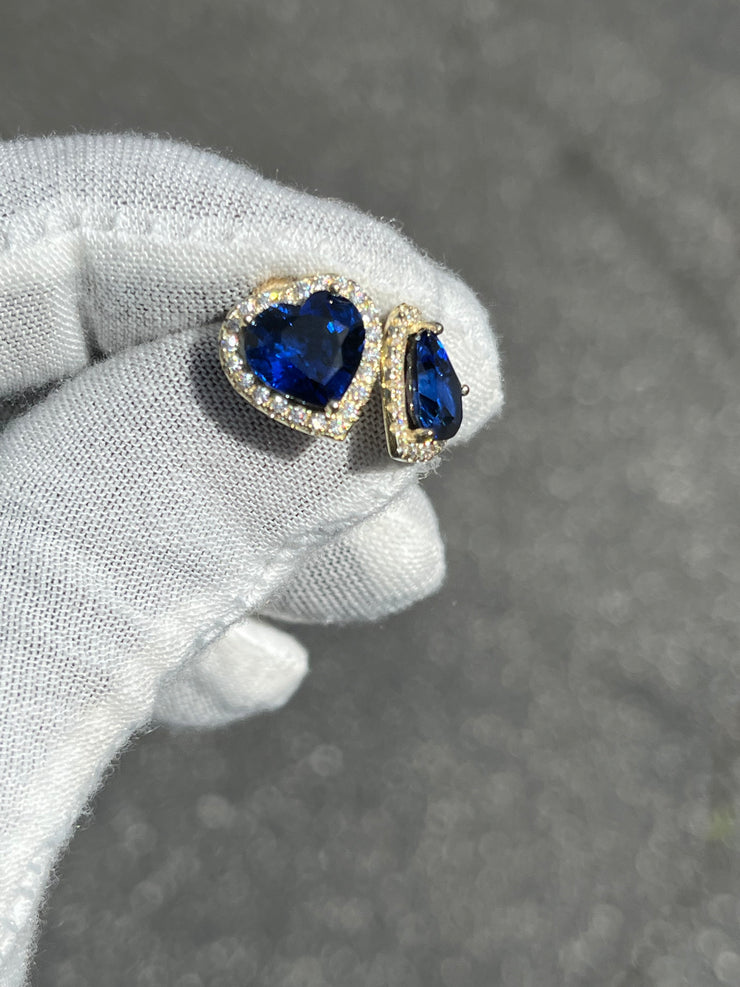 Heart Shaped Blue Sapphire  Stud Earrings w/ Diamond Trimmed Edges