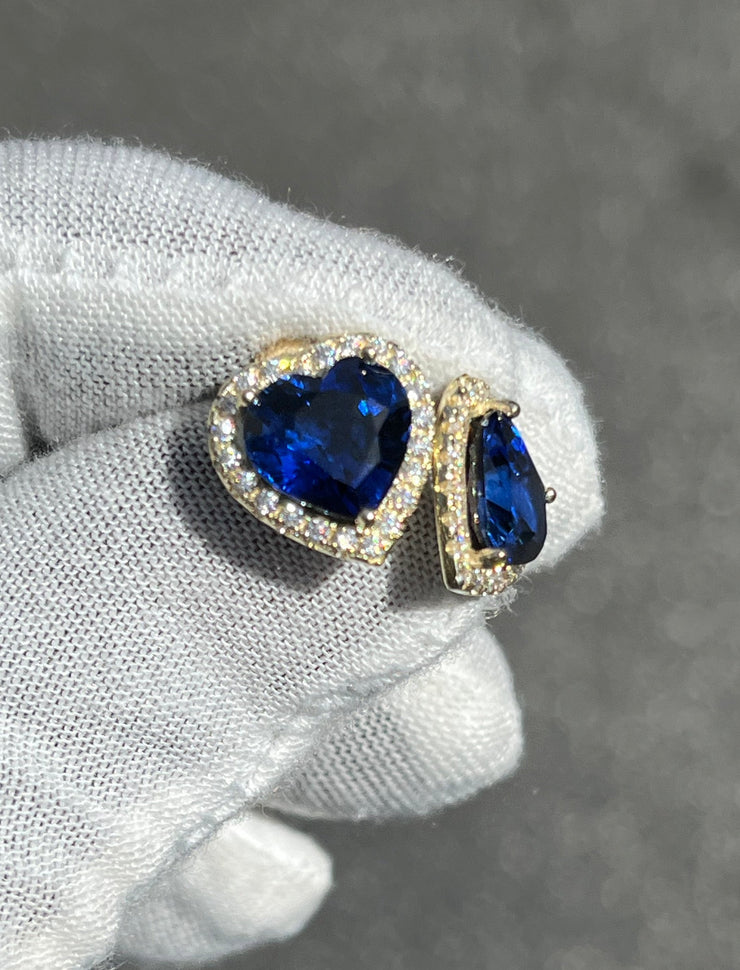 Heart Shaped Blue Sapphire  Stud Earrings w/ Diamond Trimmed Edges