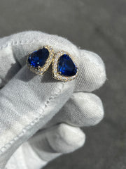 Heart Shaped Blue Sapphire  Stud Earrings w/ Diamond Trimmed Edges