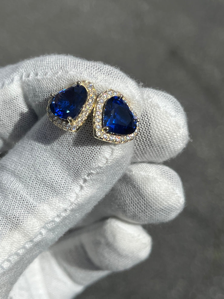 Heart Shaped Blue Sapphire  Stud Earrings w/ Diamond Trimmed Edges
