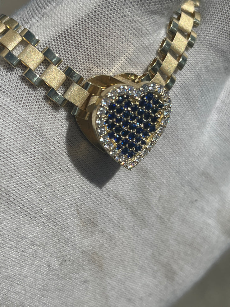 Solid Gold Sliding Heart Pendant w/ White Diamond & Pink Sapphire - Slide on Heart  w/ White Diamond Trimmed Edges and Colored Gemstone Center - Slide On Heart with Rolex Style Link Chain