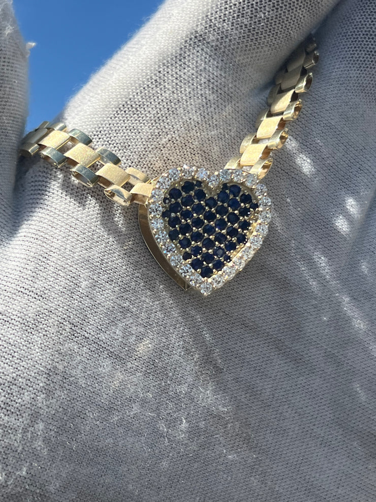 Solid Gold Sliding Heart Pendant w/ White Diamond & Pink Sapphire - Slide on Heart  w/ White Diamond Trimmed Edges and Colored Gemstone Center - Slide On Heart with Rolex Style Link Chain