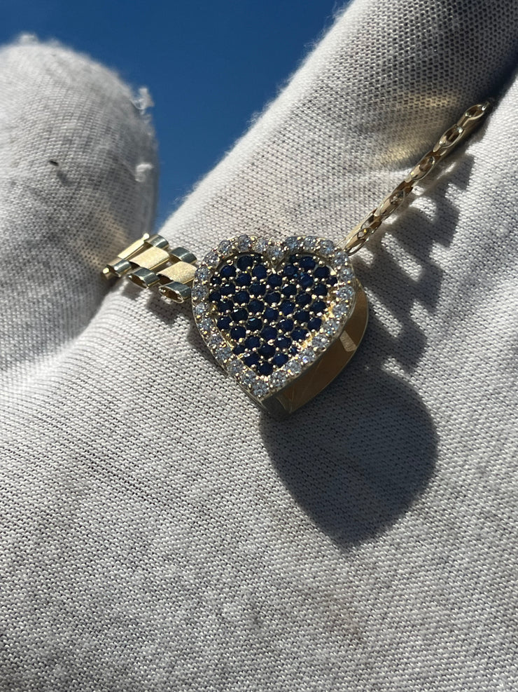 Solid Gold Sliding Heart Pendant w/ White Diamond & Pink Sapphire - Slide on Heart  w/ White Diamond Trimmed Edges and Colored Gemstone Center - Slide On Heart with Rolex Style Link Chain