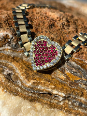 Solid Gold Sliding Heart Pendant w/ White Diamond & Pink Sapphire - Slide on Heart  w/ White Diamond Trimmed Edges and Colored Gemstone Center - Slide On Heart with Rolex Style Link Chain