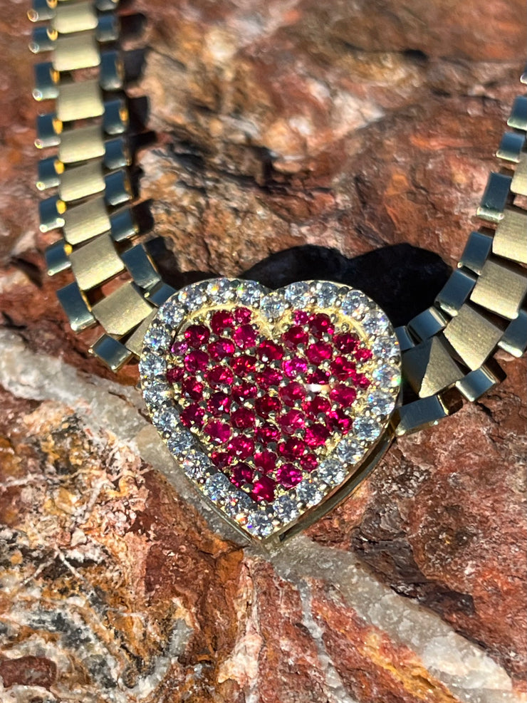 Solid Gold Sliding Heart Pendant w/ White Diamond & Pink Sapphire - Slide on Heart  w/ White Diamond Trimmed Edges and Colored Gemstone Center - Slide On Heart with Rolex Style Link Chain