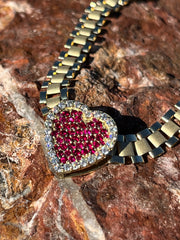 Solid Gold Sliding Heart Pendant w/ White Diamond & Pink Sapphire - Slide on Heart  w/ White Diamond Trimmed Edges and Colored Gemstone Center - Slide On Heart with Rolex Style Link Chain