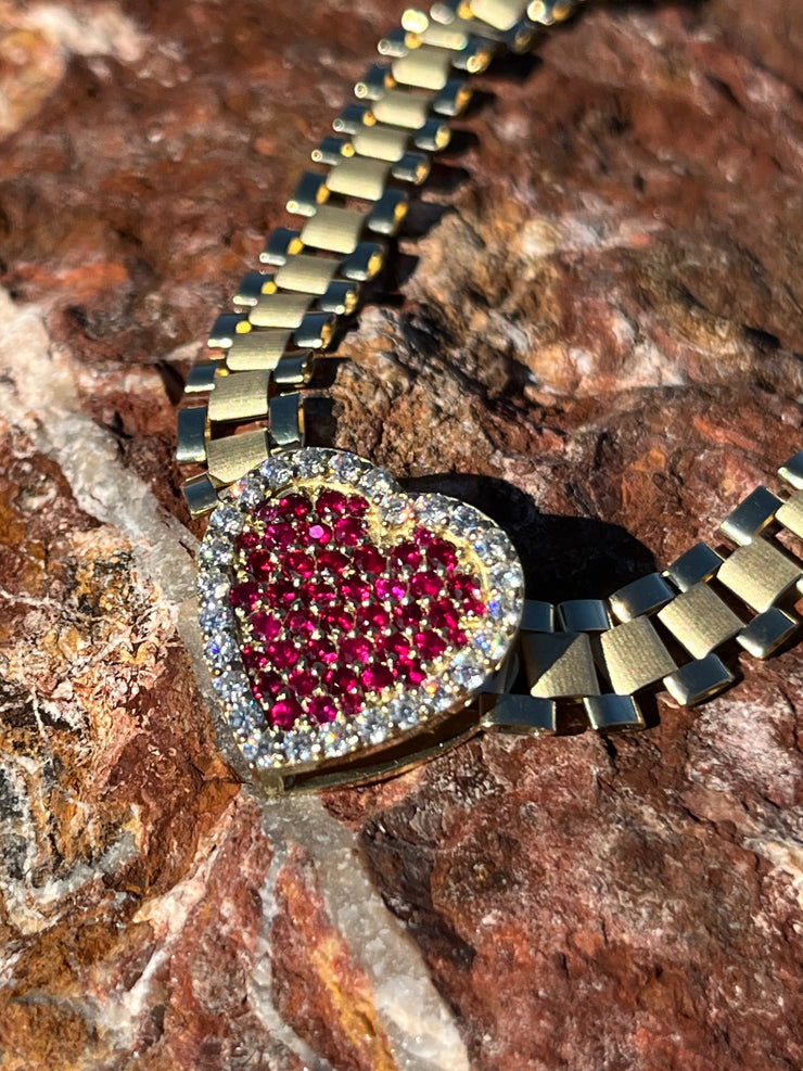 Solid Gold Sliding Heart Pendant w/ White Diamond & Pink Sapphire - Slide on Heart  w/ White Diamond Trimmed Edges and Colored Gemstone Center - Slide On Heart with Rolex Style Link Chain