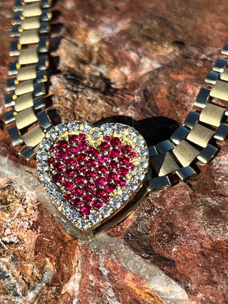 Solid Gold Sliding Heart Pendant w/ White Diamond & Pink Sapphire - Slide on Heart  w/ White Diamond Trimmed Edges and Colored Gemstone Center - Slide On Heart with Rolex Style Link Chain