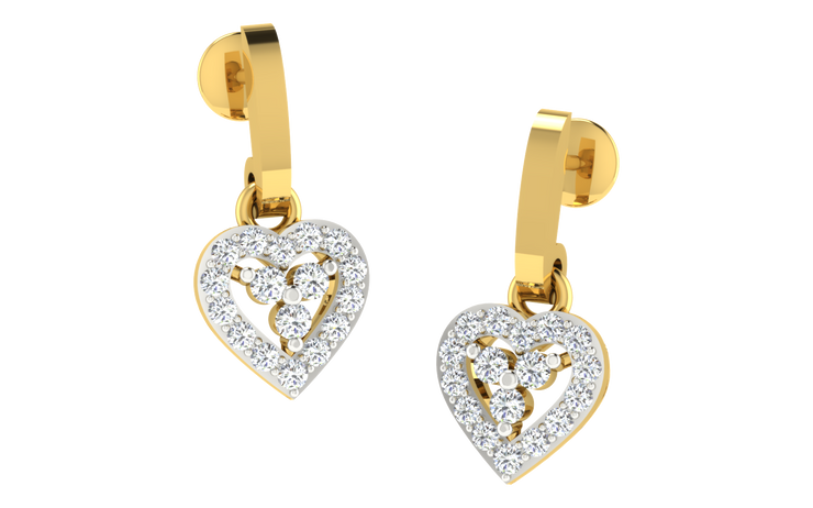14k Solid Yellow Gold  Earrings w/ hanging diamond heart charm