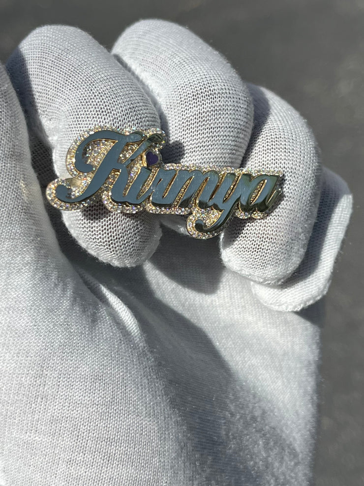 Diamond Trimmed Gold Name Two Finger Ring