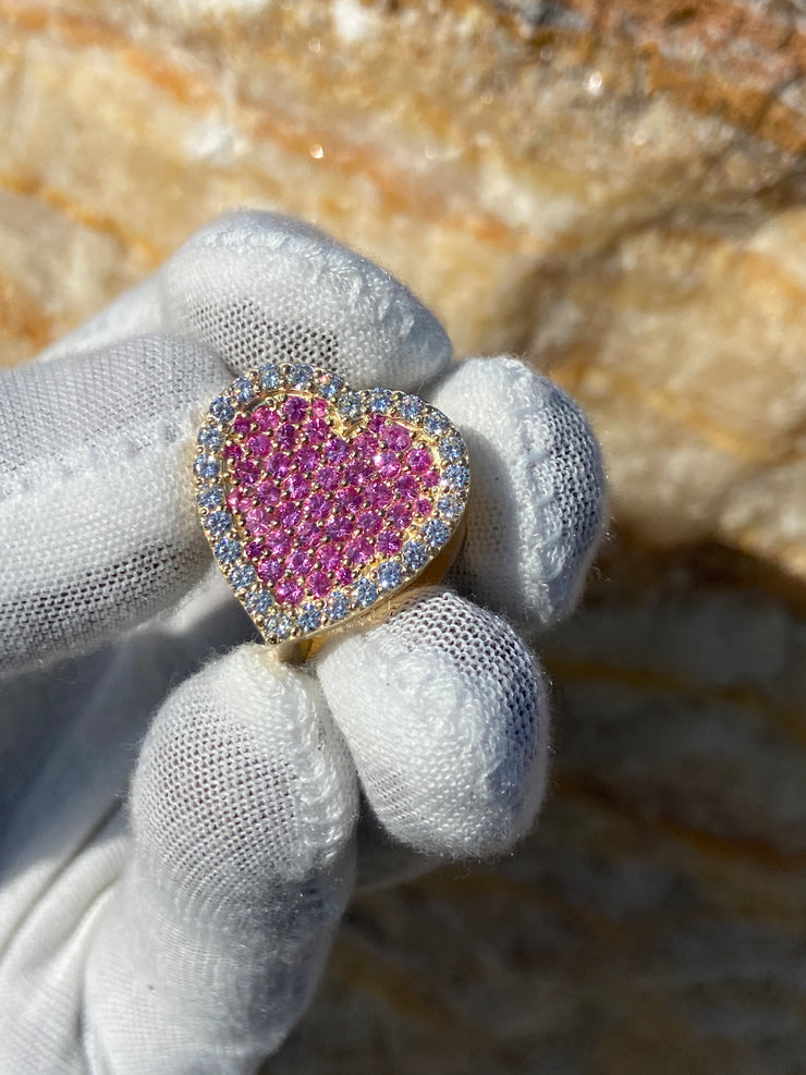 Solid Gold Sliding Heart Pendant w/ White Diamond & Pink Sapphire - Slide on Heart  w/ White Diamond Trimmed Edges and Colored Gemstone Center - Slide On Heart with Rolex Style Link Chain