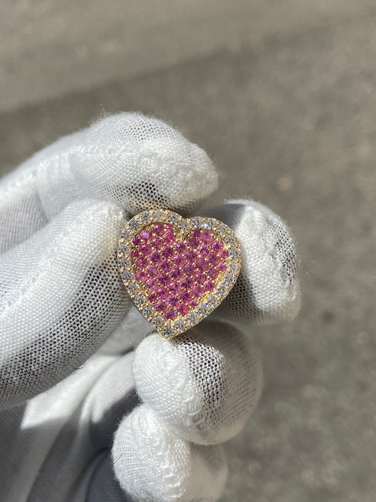 Solid Gold Sliding Heart Pendant w/ White Diamond & Pink Sapphire - Slide on Heart  w/ White Diamond Trimmed Edges and Colored Gemstone Center - Slide On Heart with Rolex Style Link Chain