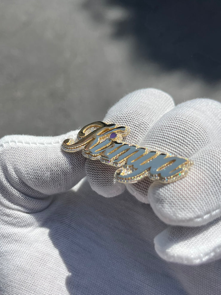 Diamond Trimmed Gold Name Two Finger Ring