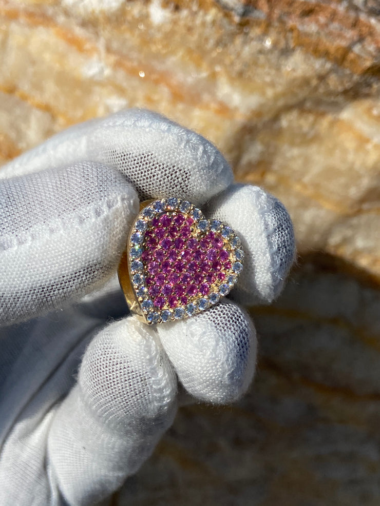 Solid Gold Sliding Heart Pendant w/ White Diamond & Pink Sapphire - Slide on Heart  w/ White Diamond Trimmed Edges and Colored Gemstone Center - Slide On Heart with Rolex Style Link Chain